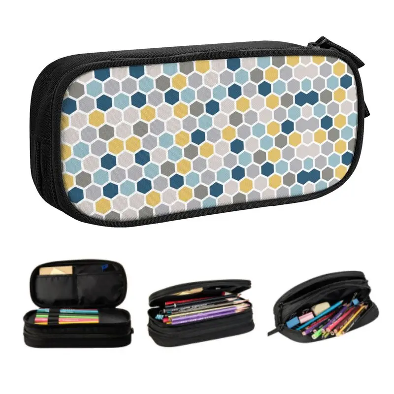 

Geometric Hexagon Blue Grey Yellow Print Pattern Pencil Cases for Boys Gilrs Modern Art Large Capacity Pen Box Bag Stationery