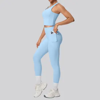 2PCS Yoga Suit Sports Set Women's Push Up Tracksuits Fitness Sports Bra Running Leggings With Pockets Workout Clothes Sportswear 1