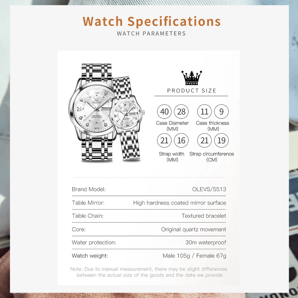 OLEVS Quartz Couple Watches for Men and Women Luxury Golden Stainless Steel Dual Calendar Dial Waterproof Luminous Wristwatches