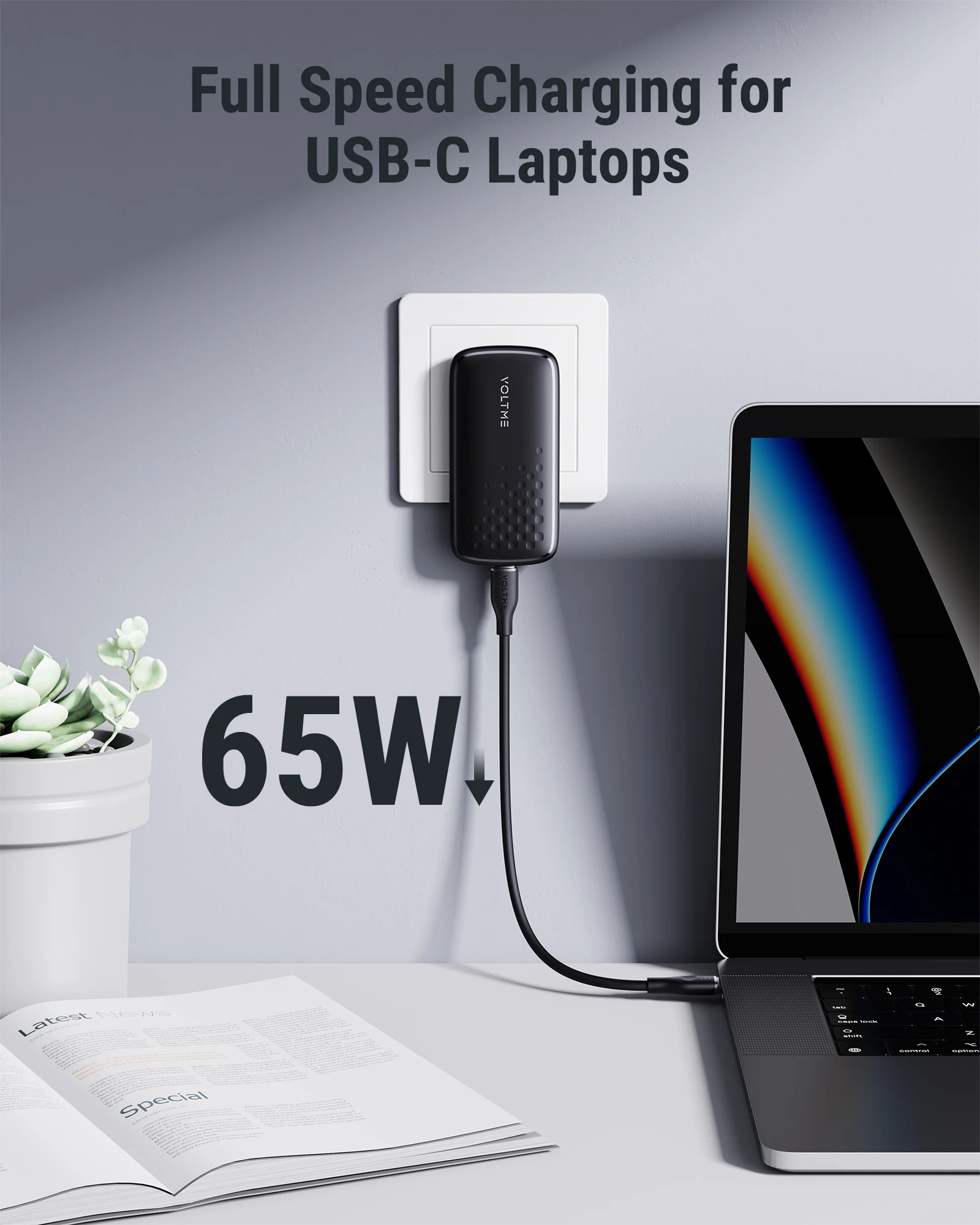 VOLTME GaN 65W 초박형 USB C 충전기 빠른 충전 5.0 PD3.0 iPhone 14 Pro Max Macbook 용 고속 충전 충전기 전화 충전기
