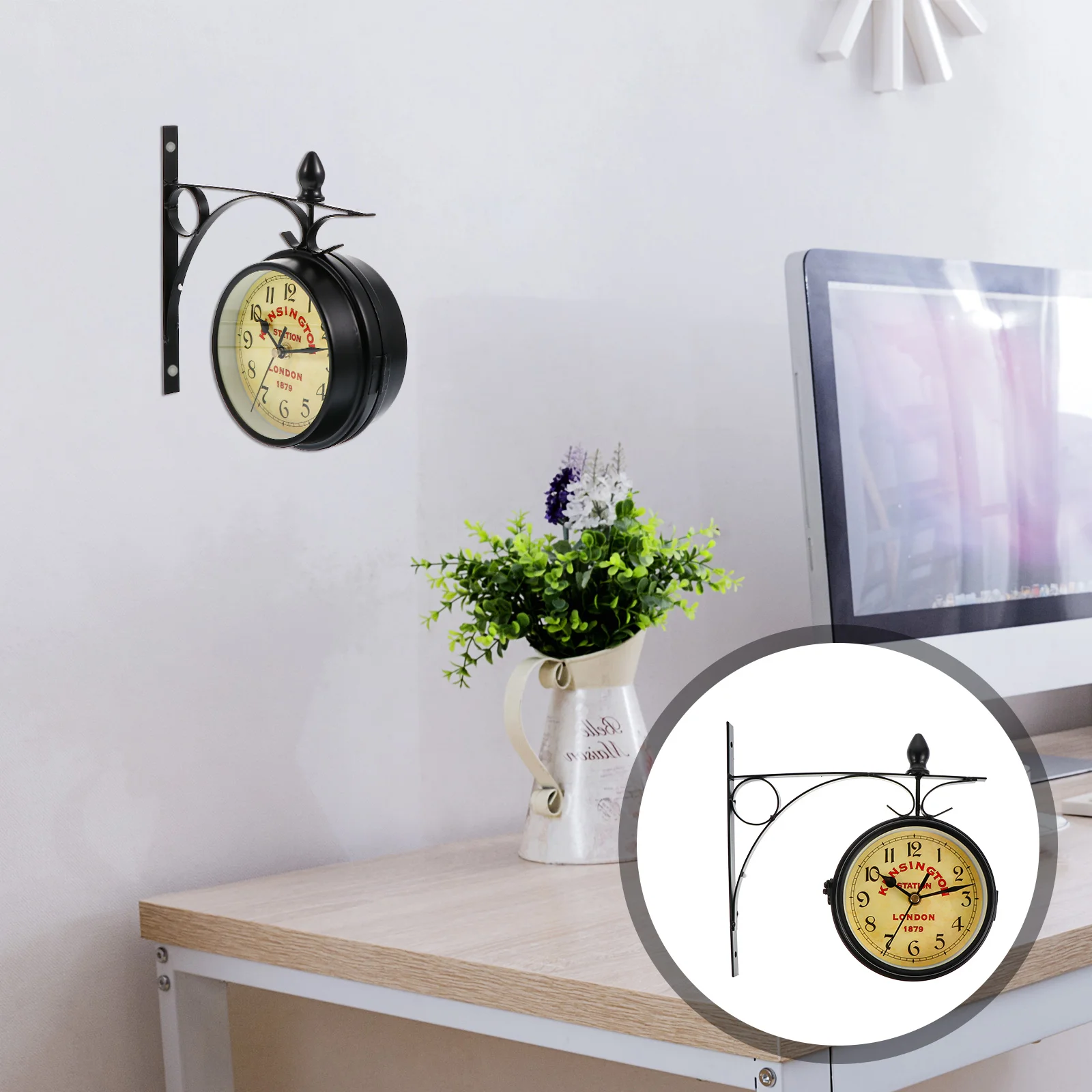 

Outdoor Clock Vintage Double Sided Wall Hanging Clocks Two Sided Wrought Iron Retro Home