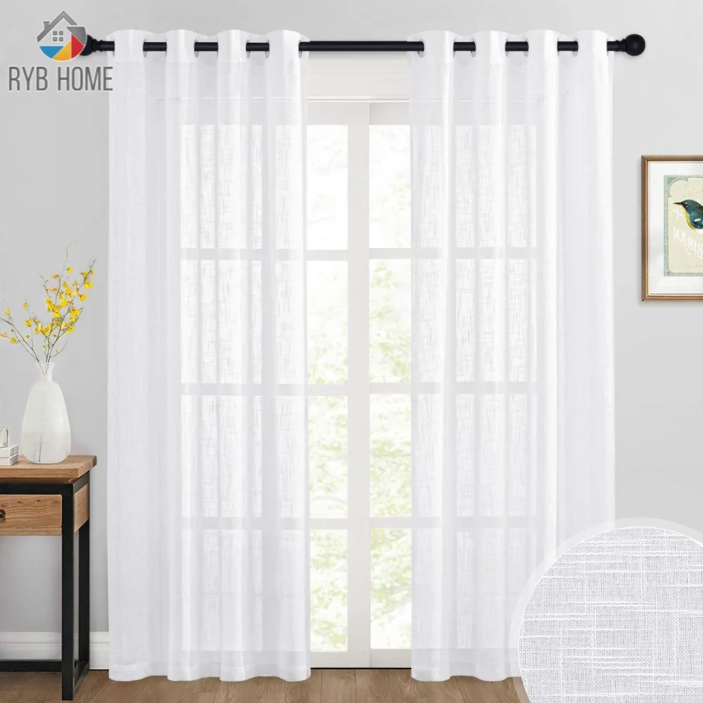 

RYB HOME 2Pcs White Tulle Curtains for Living Room Sheer Linen Curtain Texture Semi Voiles Curtains Bedroom Sliding Door Cortina