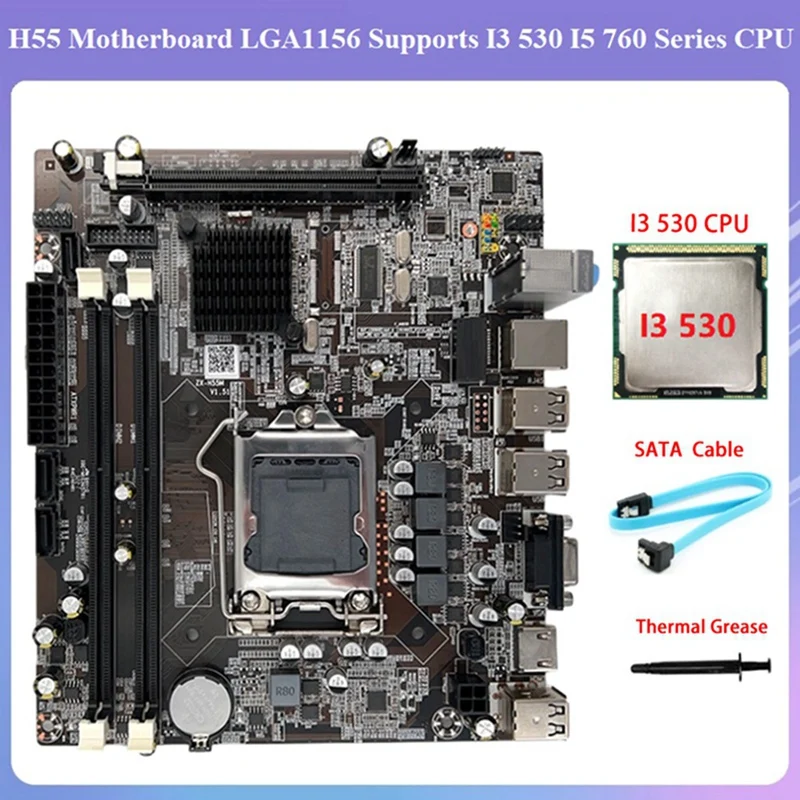 

H55 Motherboard LGA1156 Supports I3 530 I5 760 Series CPU DDR3 Memory Motherboard+I3 530 CPU+SATA Cable+Thermal Grease