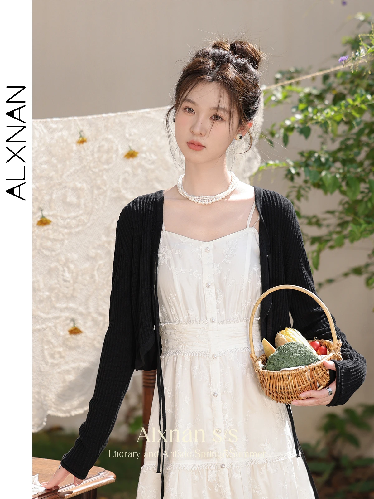 ALXNAN 크롭 블랙 레이스업 니트 가디건, V넥 긴팔 상의, 여성 스웨터 코트 니트웨어, L33837SY, 2024 용수철 여름