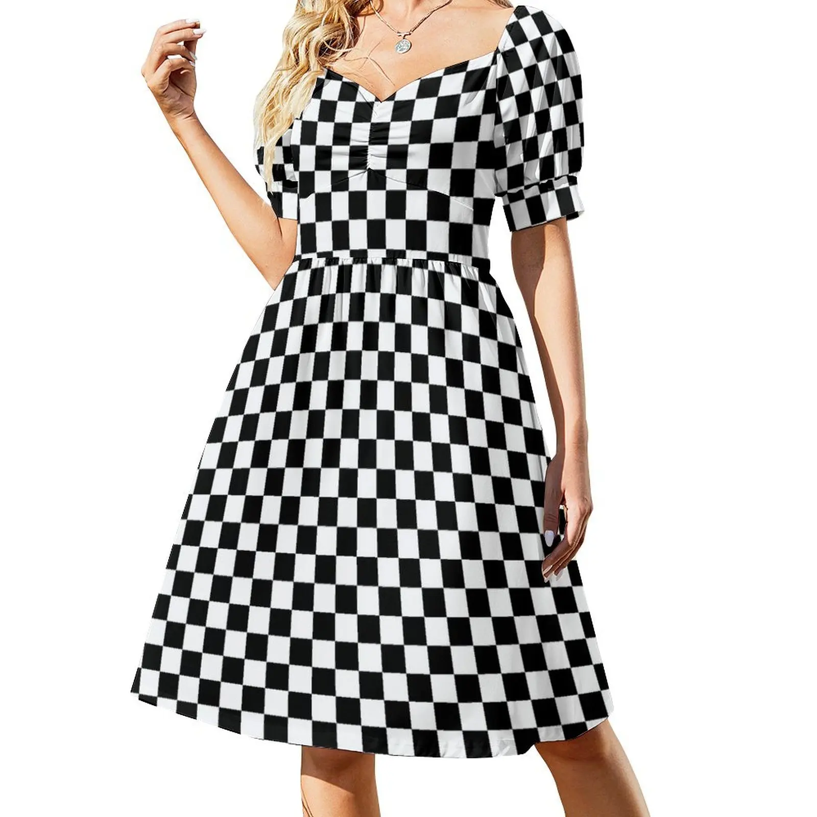 

Black And White Check Print Dress Checkerboard Style Dresses Summer Aesthetic Casual Dress Design Vestido Big Size 4XL 5XL