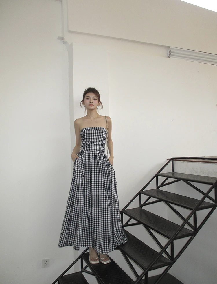 Casual Strapless Midi Dresses for Women Striped Sleeveless A-line Korean Chic Summer New Party Dress Vestidos Mujer