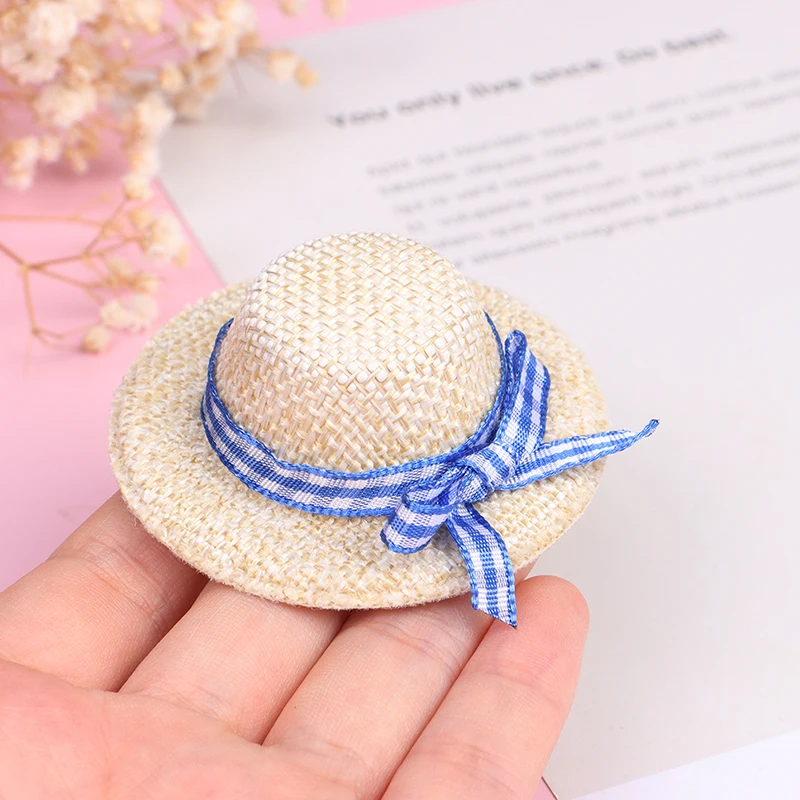 2Pcs Miniature Straw Hat Mini Doll Flocking Bow Hat Doll House Ornament Hand Weaved Dollhouse Accessories ID 3CM OD 6CM