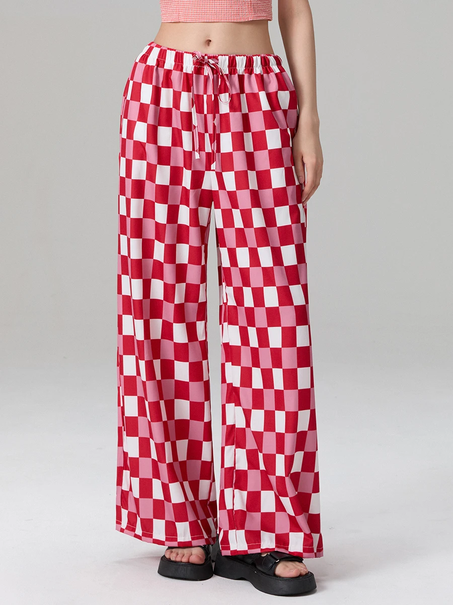 

Брюки женские с широкими штанинами, повседневные свободные штаны с принтом шахматной доски, с эластичным поясом, для работы, офиса, уличная одежда, S M L
