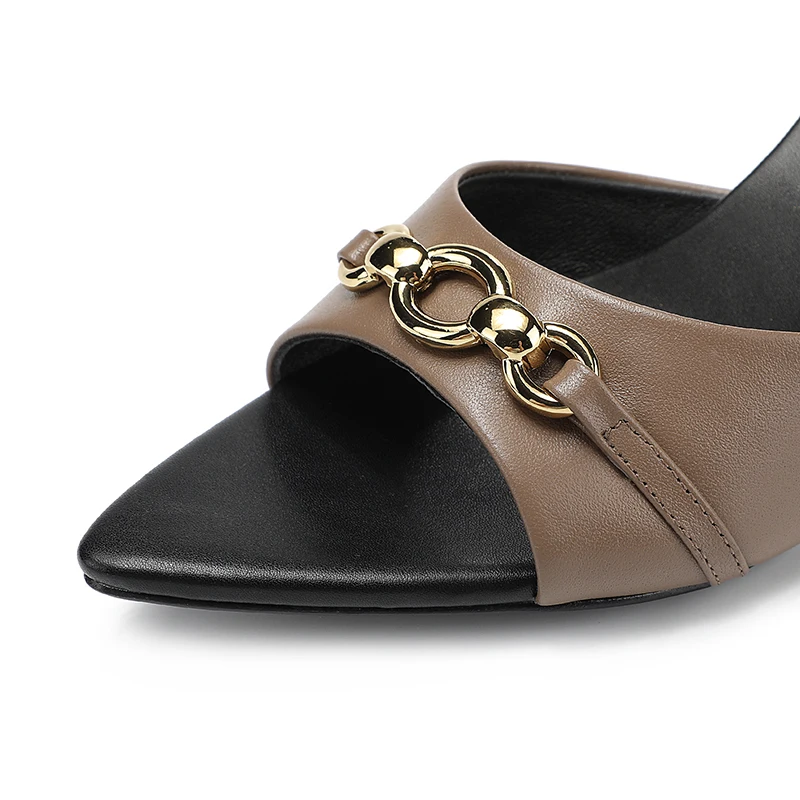 2024 New Women's High Heel Slippers Metal Decoration High Heel Fish Mouth Shoes Summer Genuine Leather Pointed Slippers size43