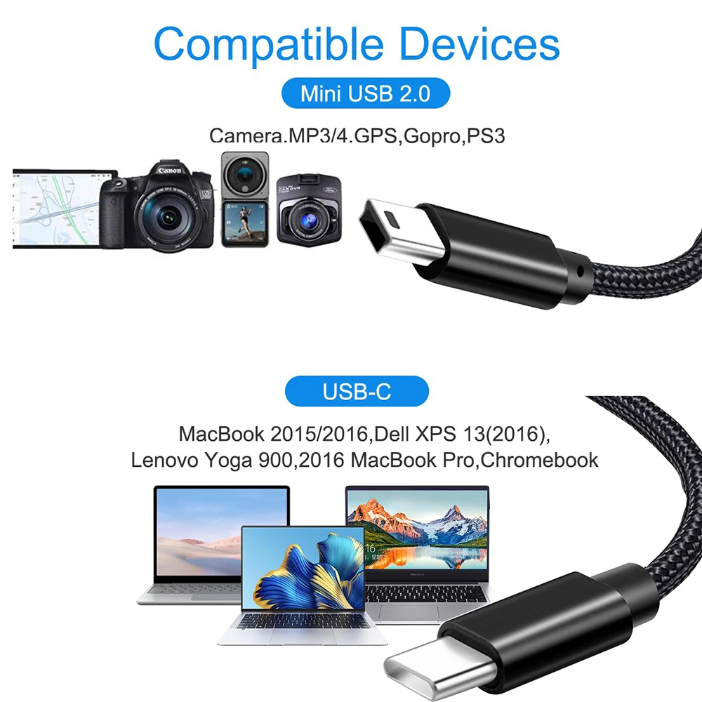 รูปสินค้า สายอะแดปเตอร์ USB Type C เป็น Mini USB สำหรับกล้อง MP3 MacBook Pro สายชาร์จและส่งข้อมูล USB-C เป็น Mini-B สาย Type C เป็น USB Mini-B