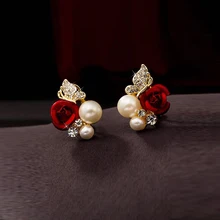  Women's Fashion Earrings Red Rose Flower Faux Pearl Decor Ear Stud Earrings Jewelry Gift aretes de mujer серьги женские 