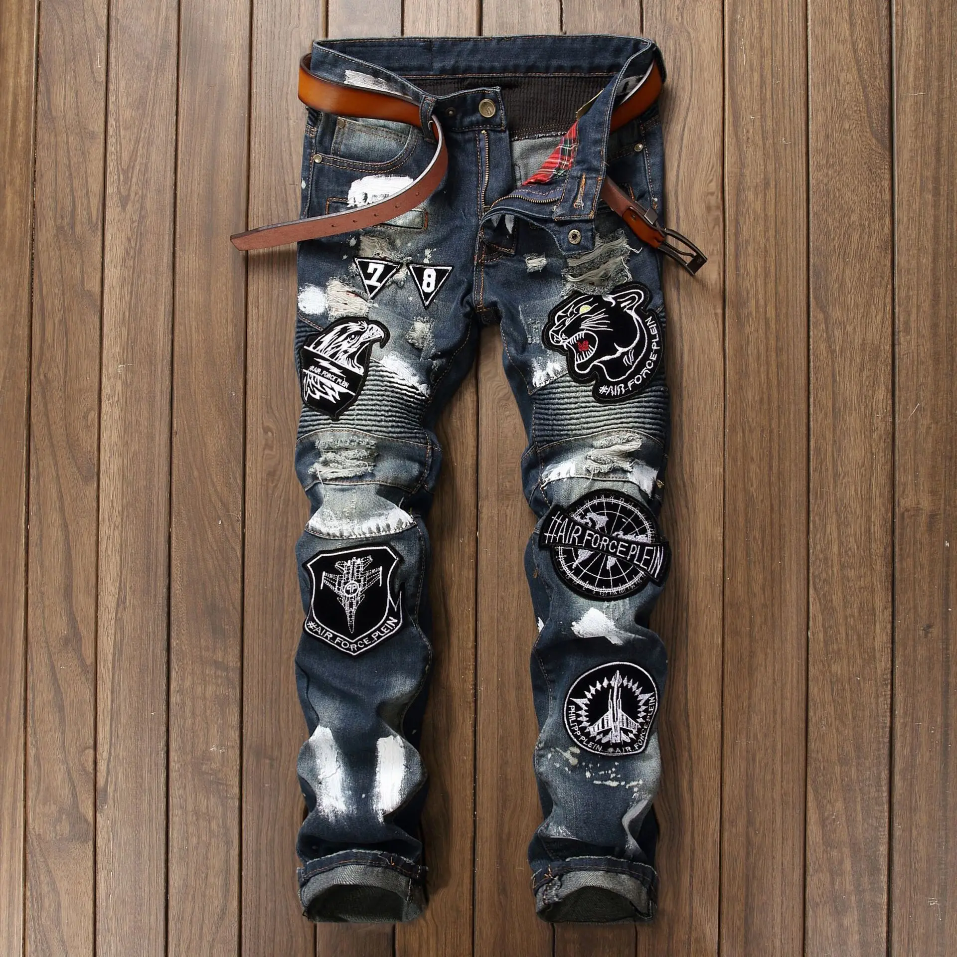 New embroidered ripped jeans men's badge hand painted  pants trend pleated splicing motorcycle long 