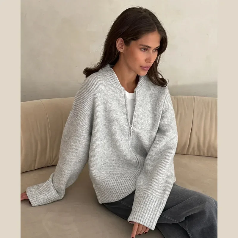Autumn Winter Zipper O-neck Knitted Cardigans Women Solid Loose Long Sleeve Sweater Top Fashion Lady All-matching Knitwear