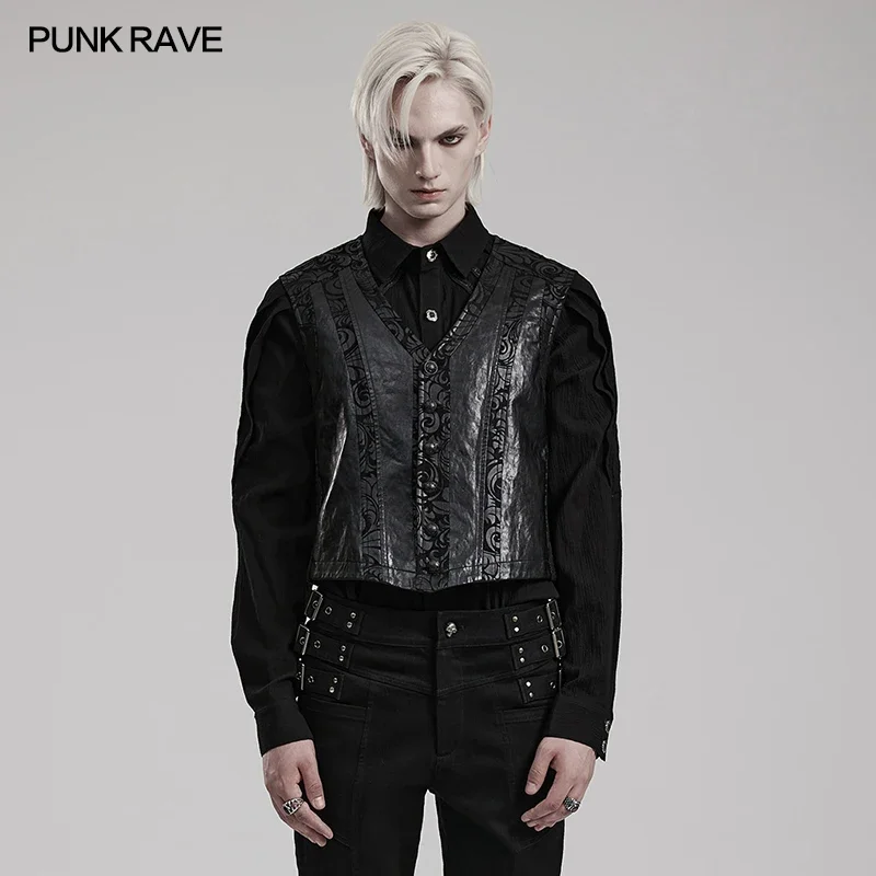 

PUNK RAVE Men's Gothic V-neck Printed Waistcoat Different Fabrics Are Spliced Exquisite Party Casual Vest Men Tops Autumn/Winter