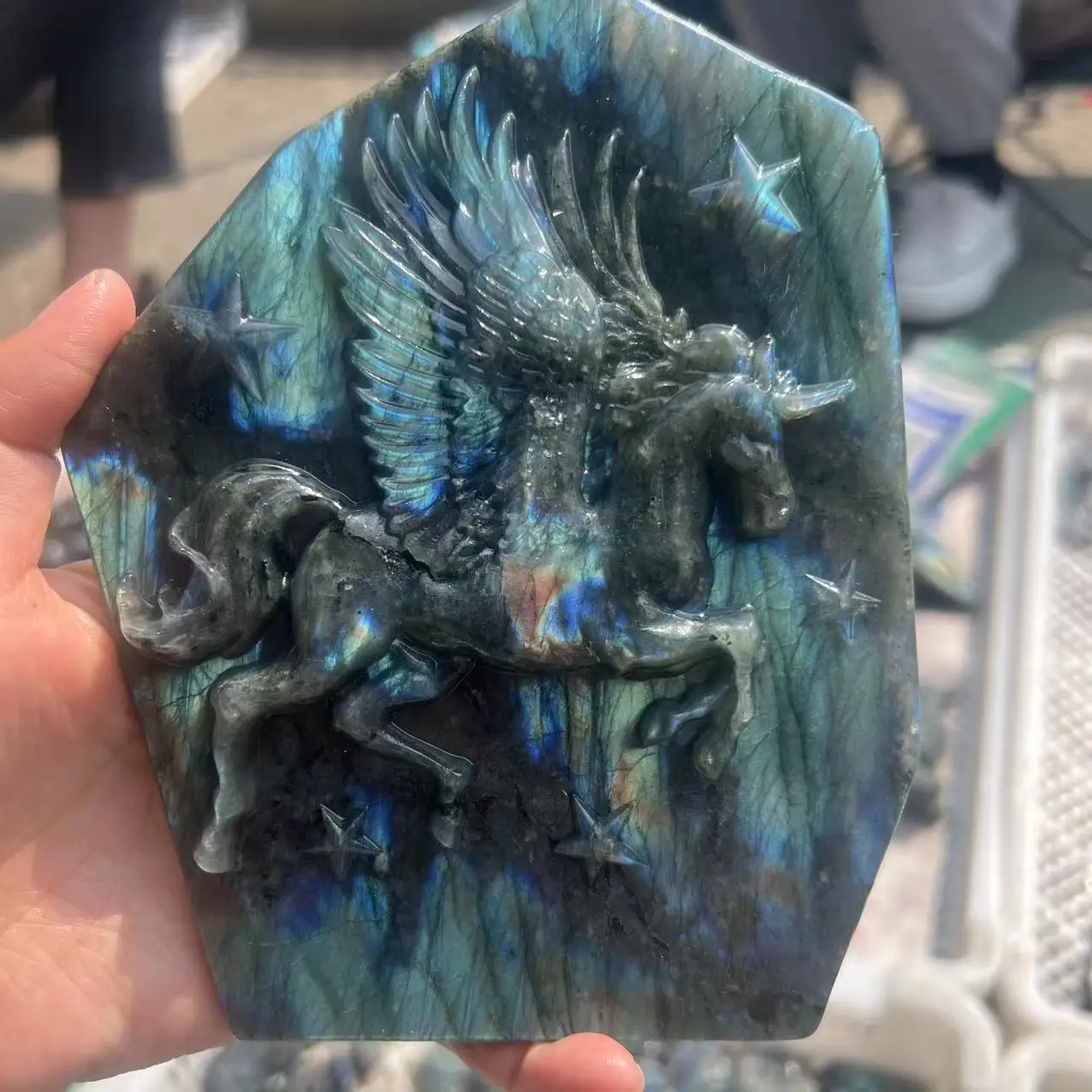 

Natural Flash Labradorite Stone Carving Unicorn Crystal Flying Horse Statue