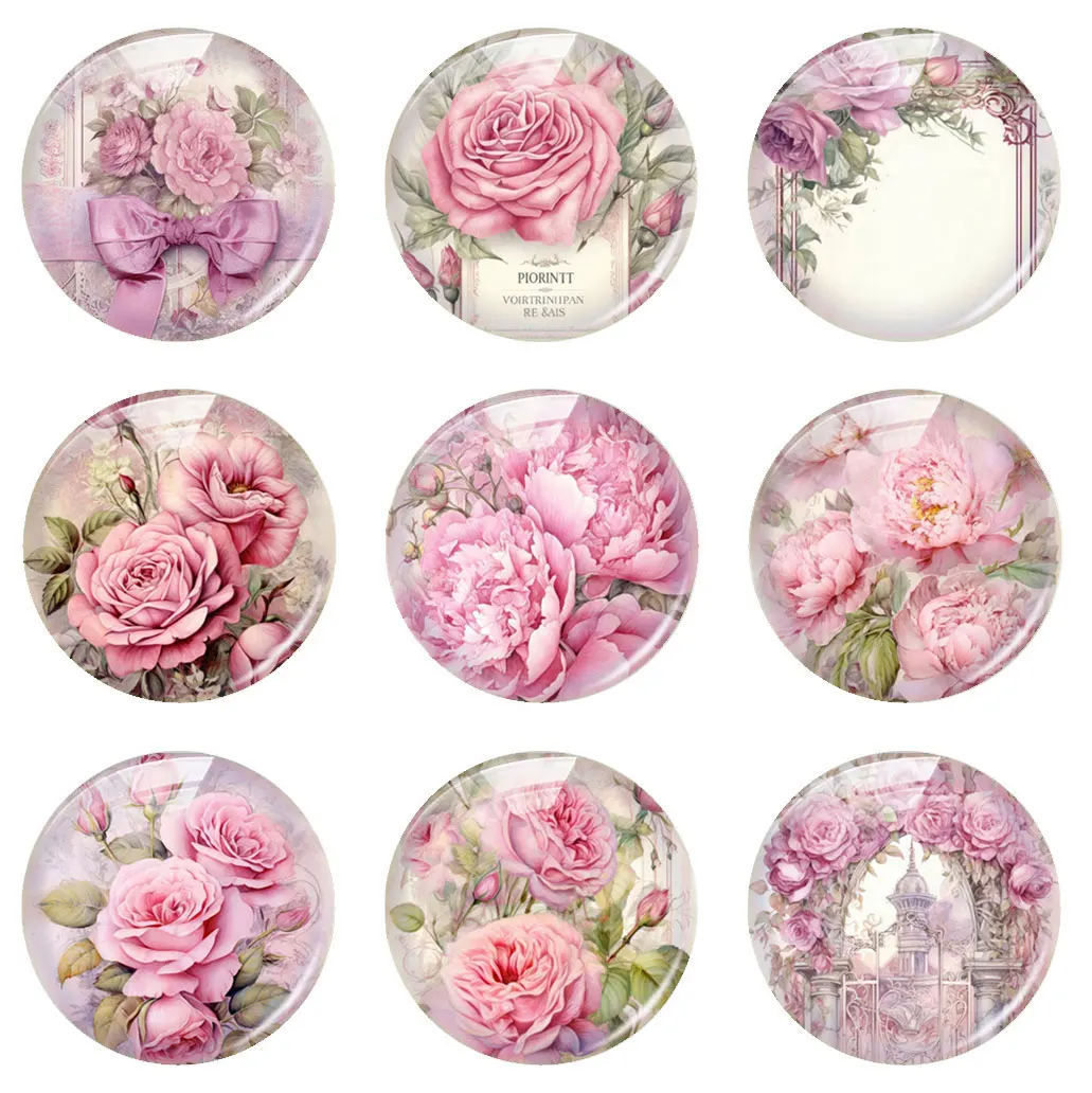 Elegant Handmade Pink Rose and Peony Glass Cabochon