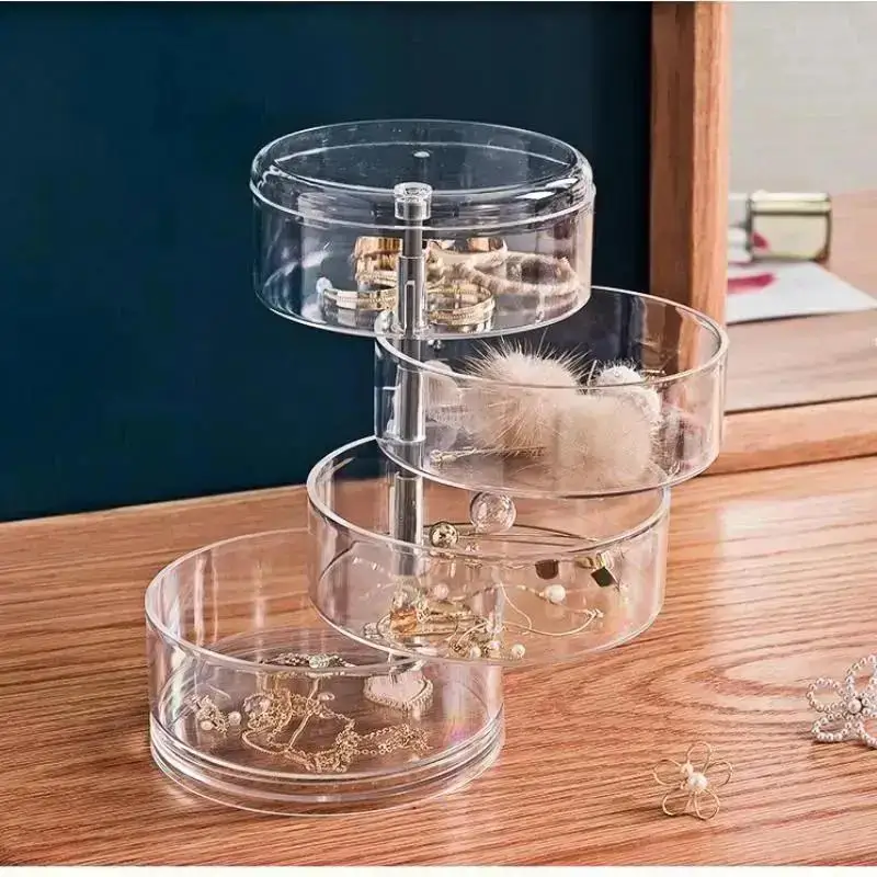 Rotating Jewelry Storage Box For Makeup Storage Rack Bracelet Earring Round Plastic Organizer Box Holder Display Rack With Cover