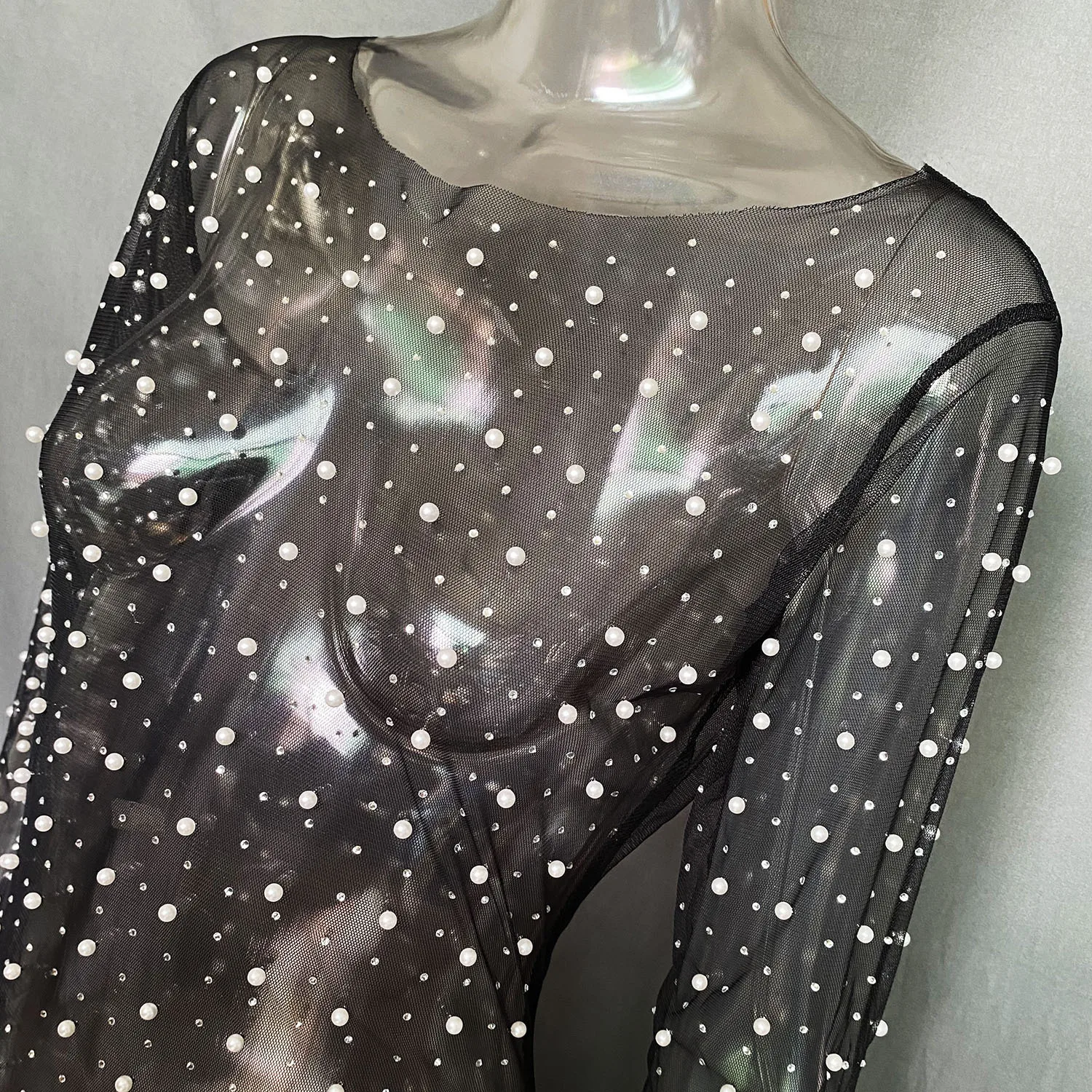 Vestido playero elegante de manga larga con perlas transparentes y decoración de diamantes para mujer, vestido playero liso dividido