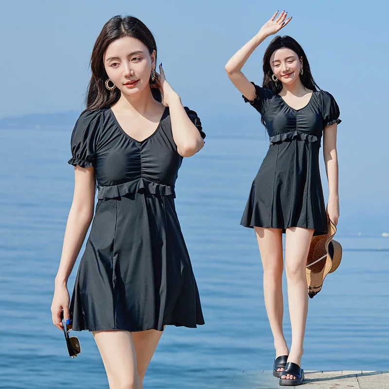 

Korea Style Solid One Piece Swimsuit Women Sexy V Neck Folded Beach Swimwear Skirt Monokini Push Up Pad Bikini Suit