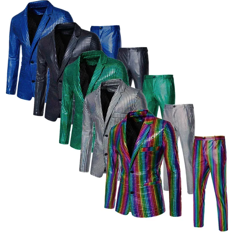 

LE102Plaid Suit 2 Piece Gold / Silver Fashion Men's Luxury Dance Party Performance Blazer Jacket and Pants
