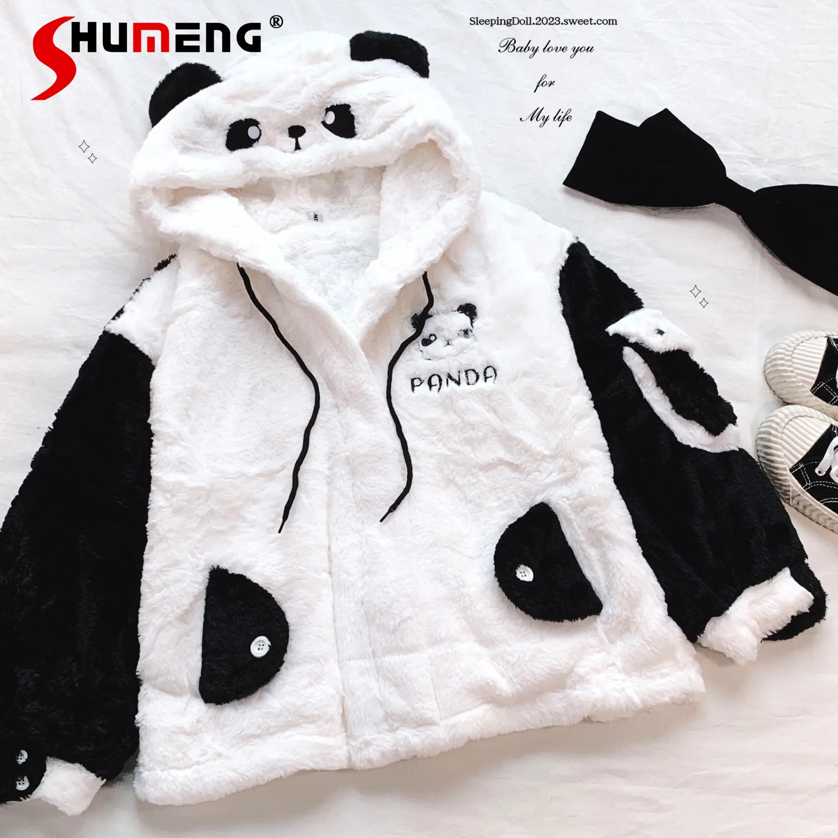 

Cute Winter Clothes Women Sweet Thick Warm Cotton 2023 Overcoat Autumn Kawaii Panda Plush Tail Embroidery Pocket Furry Jacket