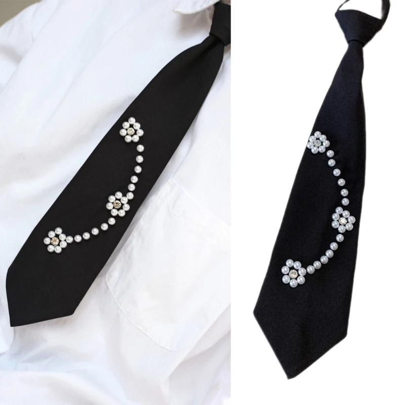 

Students Shirt Pearl Necktie Girls Pre Tied Black Uniform Detachable Tie