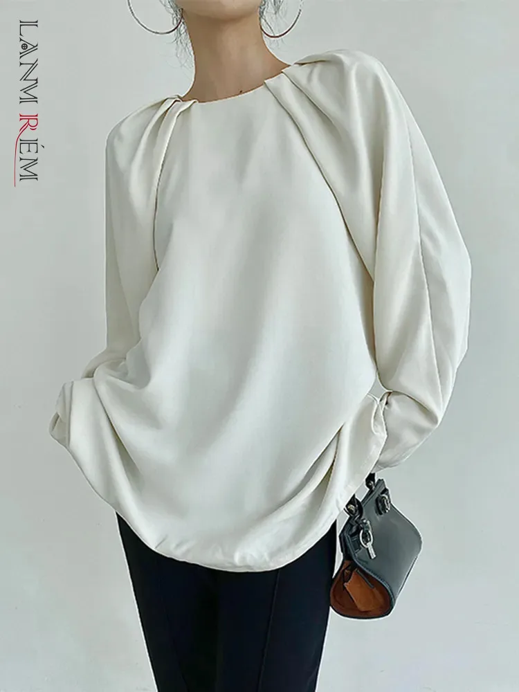 

[LANMREM] French Style Pleated Pullover Shirts For Women 2023 Autumn New Round Neck Long Sleeve Elegant Female Blouses 26D5936