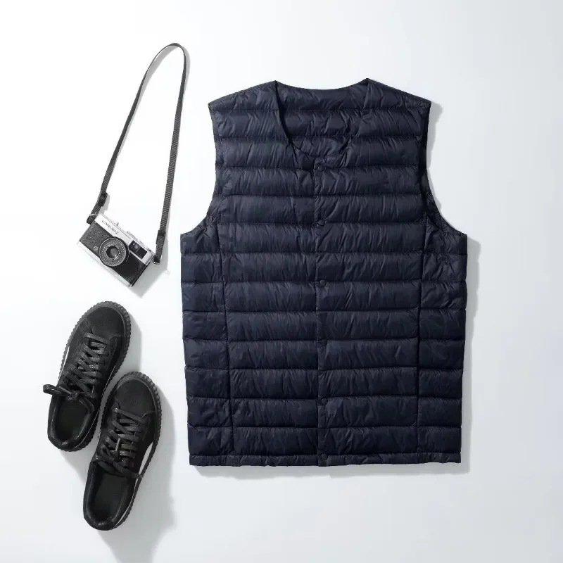 남성용 민소매 다운 라이너 조끼 2023 새로운 가을 겨울 초경량 Packable 따뜻한 화이트 오리 다운 남성 조끼 자켓
