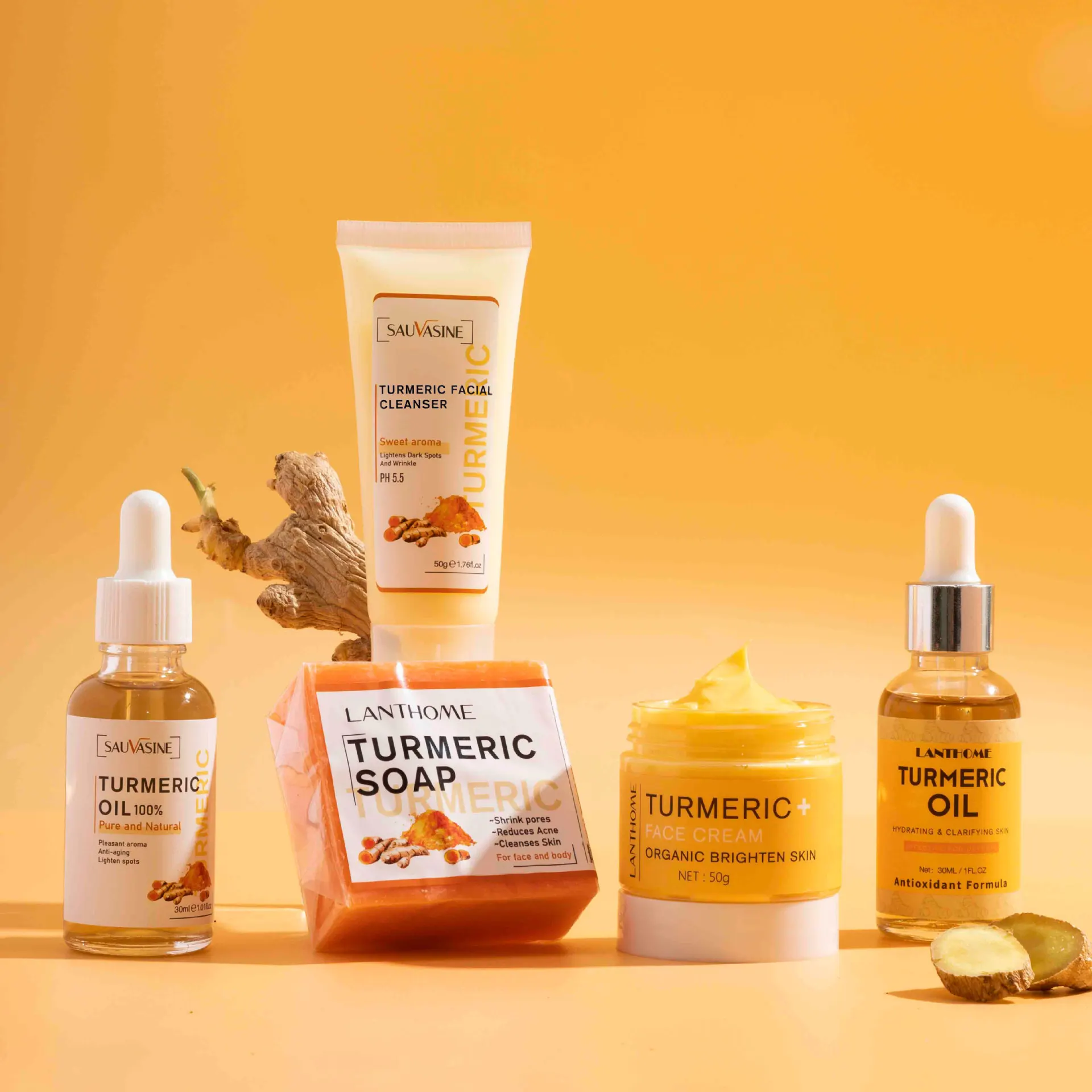 Turmeric Series 5-Piece Set Facial Treatment, Refreshing Skin, Cream, Essence, Cleansing Soap, Facial Cleanser