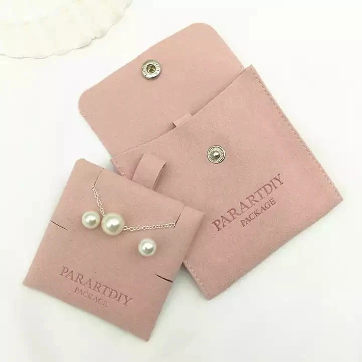 

SheepSew 8x8cm Custom Logo High Quality Pink Microfiber Snap Button Jewelry Bag with Insert Pad Jewelry Pouches