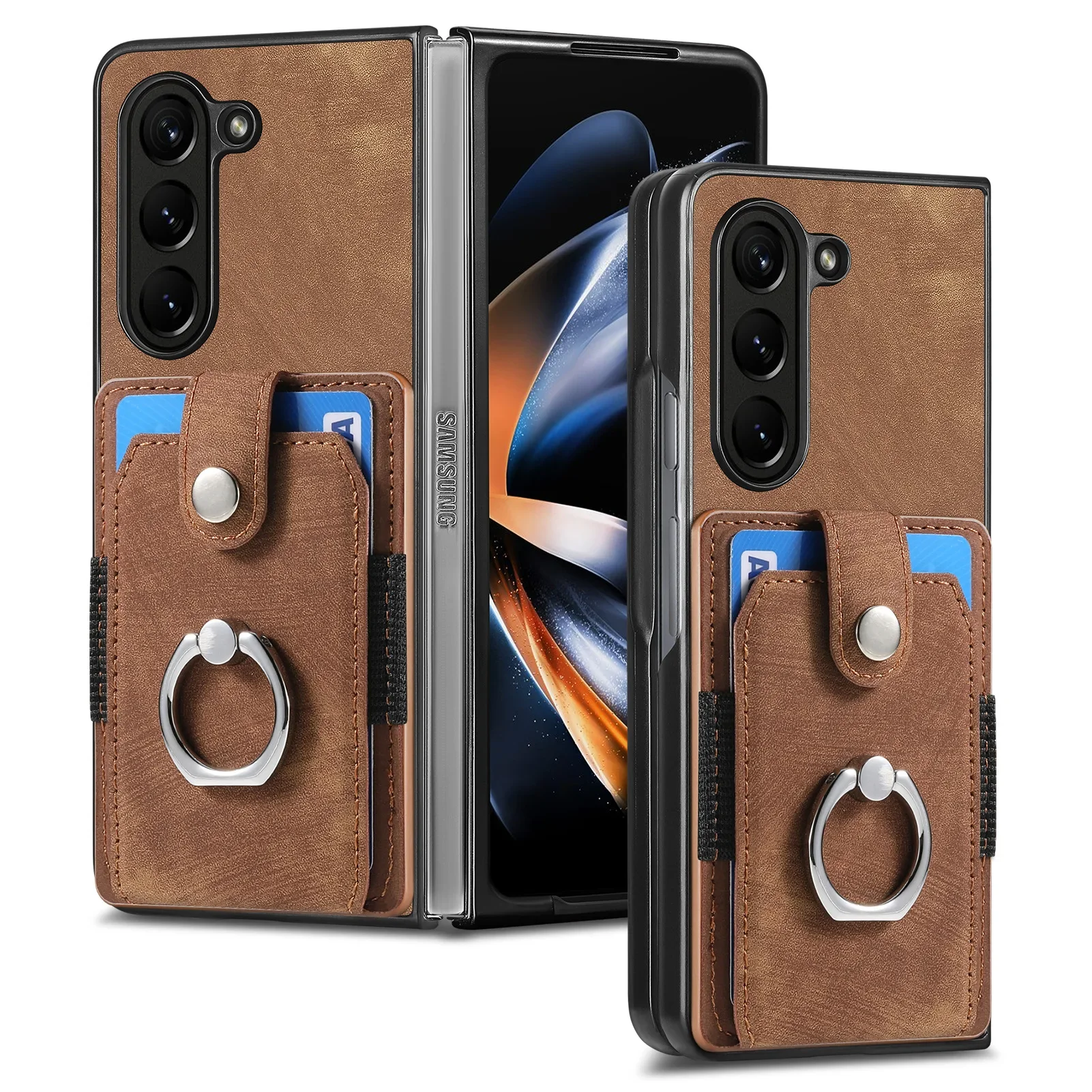 Retro Leather Ring Wallet Phone Case with Card Holder and Protective Cover