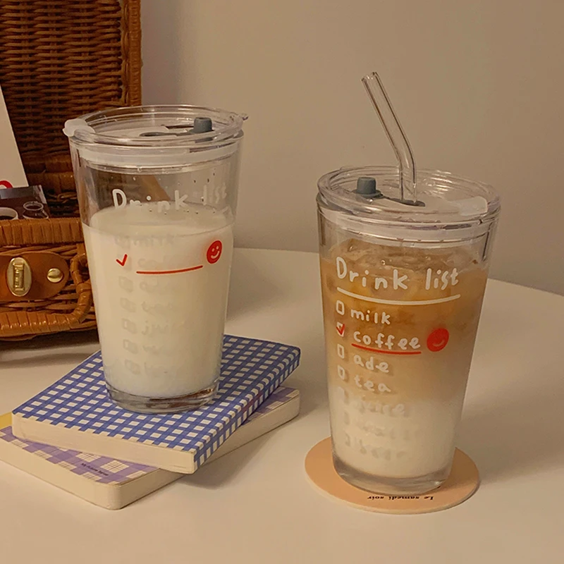 Cute Letter Korean Glass Water Bottle With Straw And Lid 480ml Simple  Coffee Milk Juice Breakfast Glass Cups For Drinks Gift