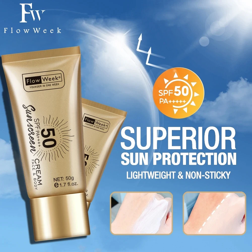 FlowWeek SPF 50 Oil-Control Waterproof UV Protector Concealer Moisturizing Brightening Facial Body Sunscreen Whitening Sun Cream