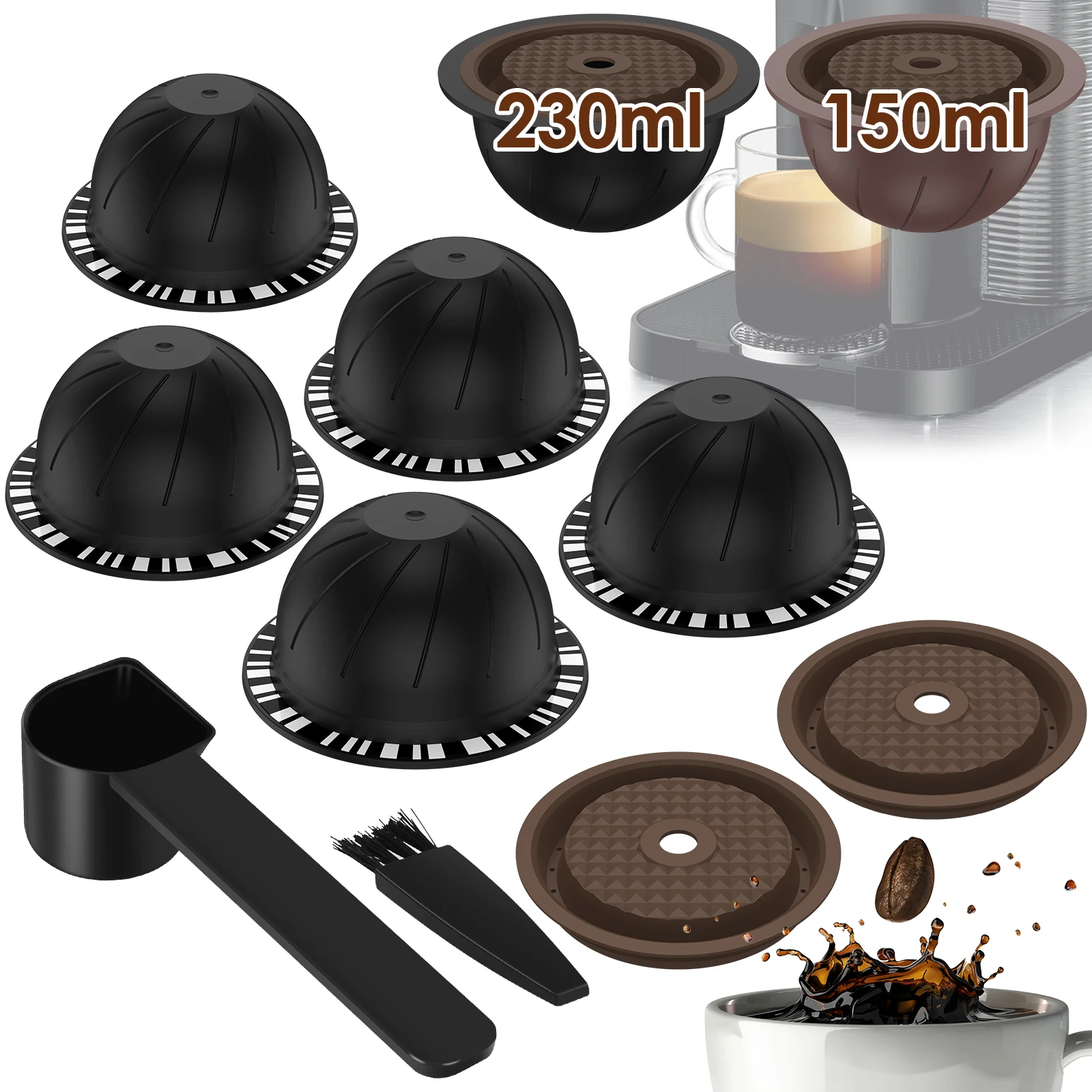 

5Pcs Reusable Coffee Capsules Set Refillable Coffee Pods BPA Free Coffee Capsules for Nespresso Vertuo Coffee Machines 150/230ml