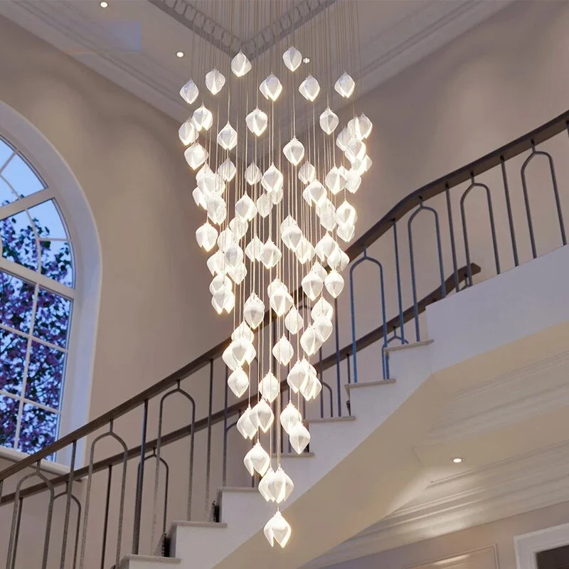 

White Bloom Staircase Pendant Light Long Cable Hanging Chandelier Porcelain Petals Droplight For Villa Lobby Dining Home Decor