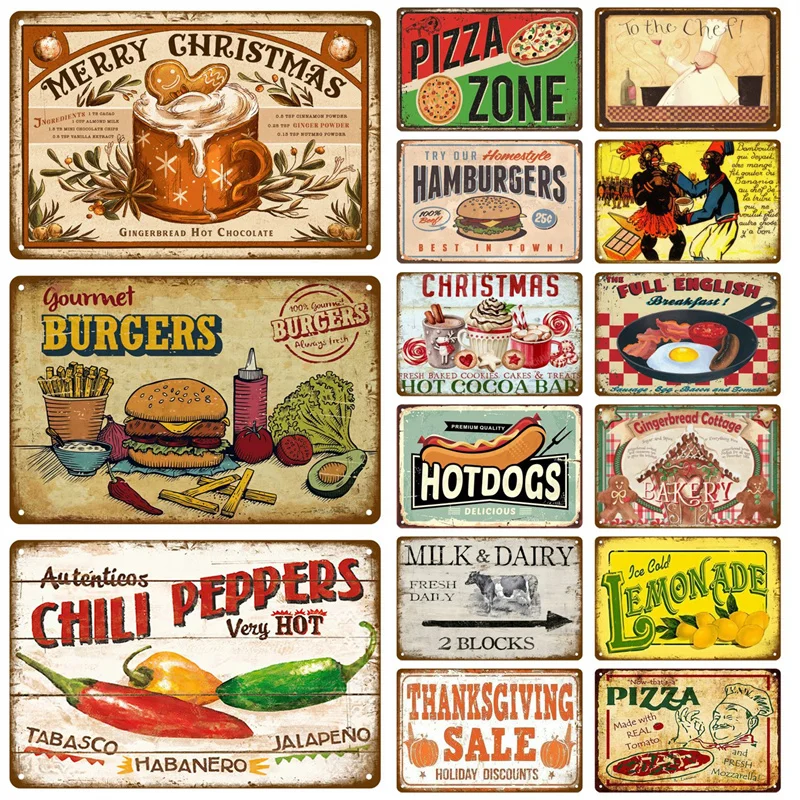 Metal Sign Plaque Wall Art Decor Fast Food Vintage Tin Sign Iron Painting For Party Area Kitchen Shop Restaurant Cafe Diner Bar