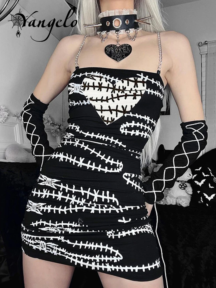 

Женское платье на бретельках Yangelo Mall, готическое контрастное Платье с принтом, сексуальная модная облегающая юбка в стиле панк, стиль феи