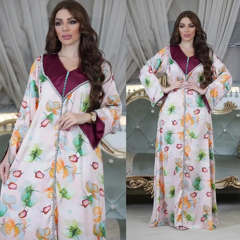 2023 Summer Autumn Muslim Elegant Women Long Sleeve V-neck Polyester Printing Long Abaya Muslim Fashion Dresses Abaya Dress