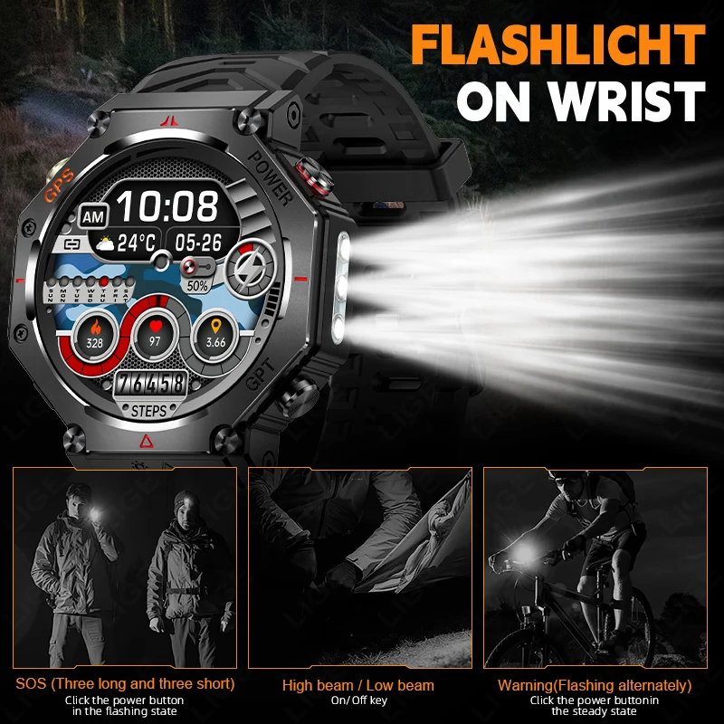 LIGE New Military GPS Smart Watch Men With LED Flashlight Compass Waterproof Outdoor Sports Tracker Bluetooth Call Smartwatch