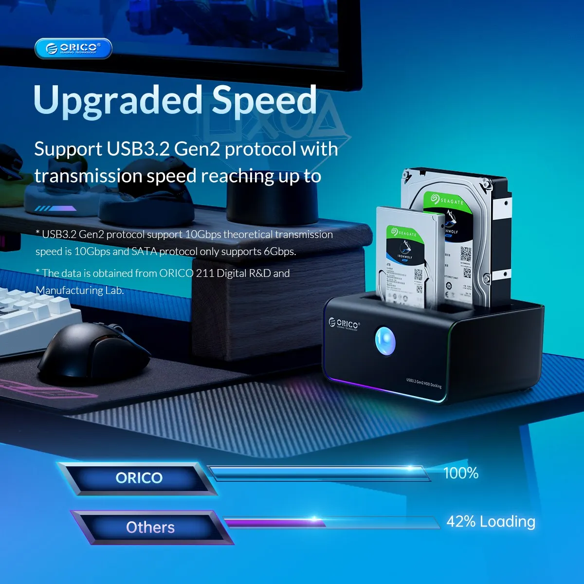 Orico-estação de Ancoragem para Hdd de Baía Dupla Sata para tipo c 10gbps Estilo de Jogo Rgb Capa Hdd com Suspensão Automática para Hdd e Ssd de 35 - Imagem 5