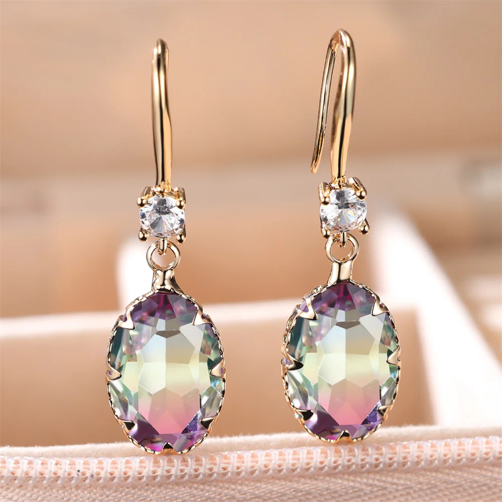 Rainbow Crystal Oval Stone Long Dangle Earrings For Women Vintage Gold Color Multicolor Zircon Drop Earring Wedding Jewelry Gift