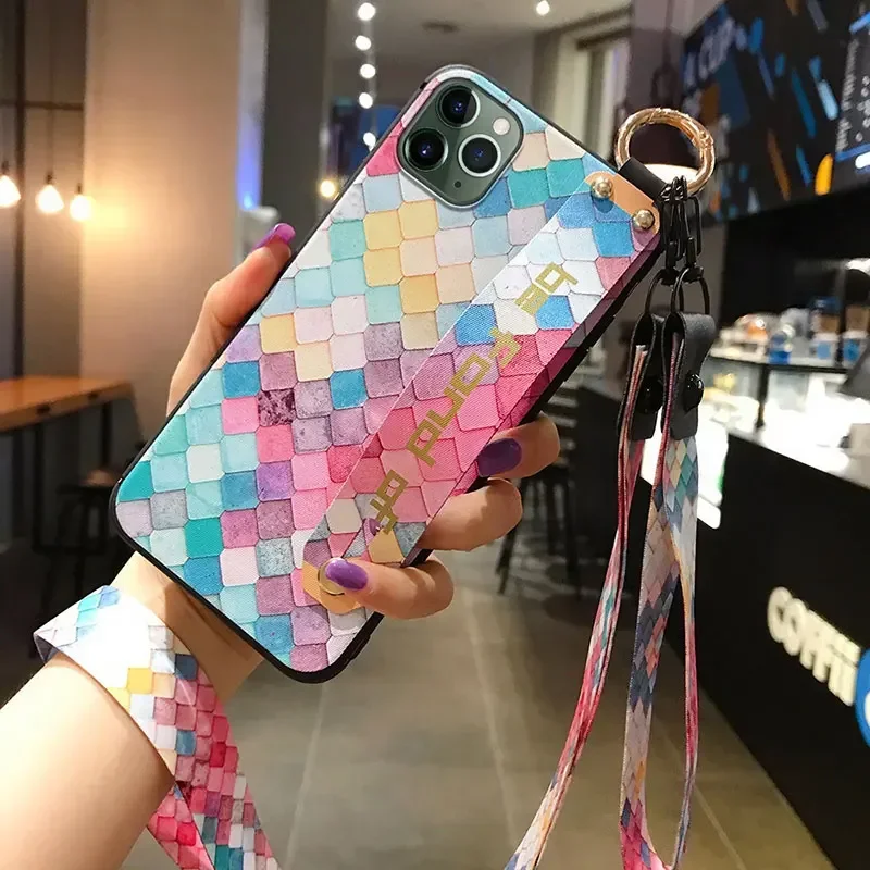 Retro Colorful Flower Soft TPU Phone Holder Lanyard Case with Neck Wrist Strap