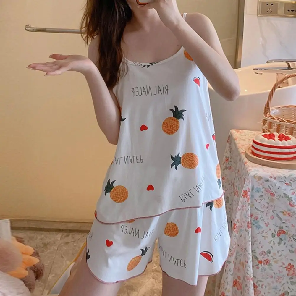 2Pcs/Set Cartoon Print Women Pajama Set O-Neck Sleeveless Backless Elastic Waistband Sling Vest Wide Leg Shorts Sleepwear Set 잠옷