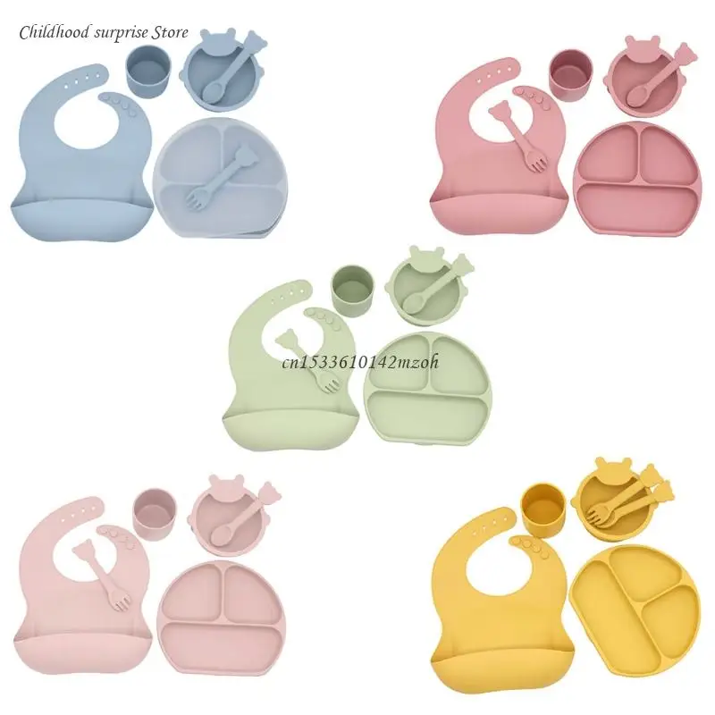

Baby Silicone Bib Divided Dinner Plate Suction Bowl Spoon Fork Water Cup Set Training Feeding Food Utensil Dishes Dropship