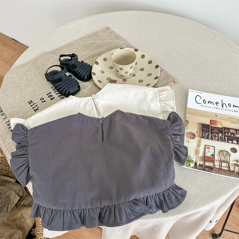 deer jonmi Summer Korean Style Baby Girls Cotton Ruffles Blouses Solid Color Puff Sleeve Tops Toddlers Kids Casual Shirts