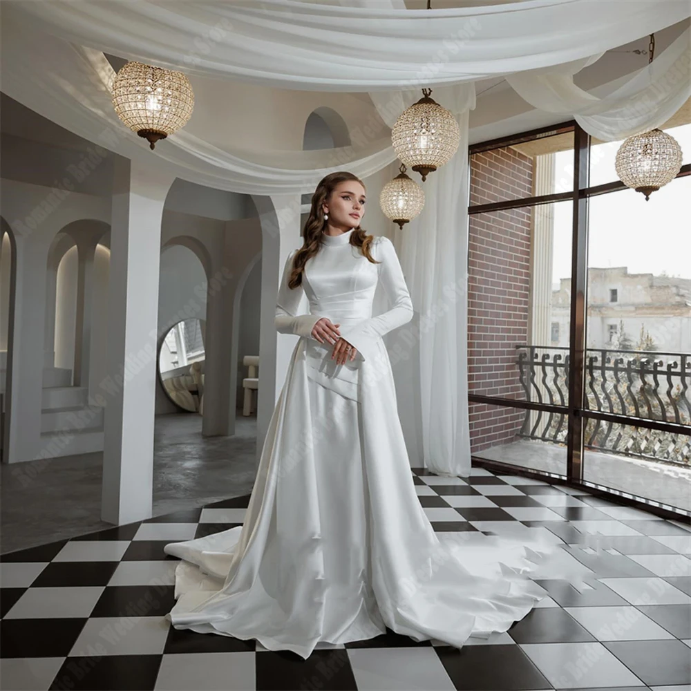 Bohemia High-Neck Wedding Dresses For Women Long Sleeves Satin Bridal Mopping Length Banquet Vestidos De Noivas 2025 Customized 3