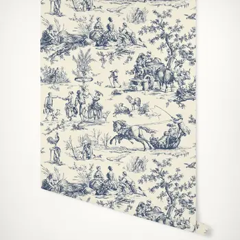 Seasons Toile Navy Wallpaper with farm life style