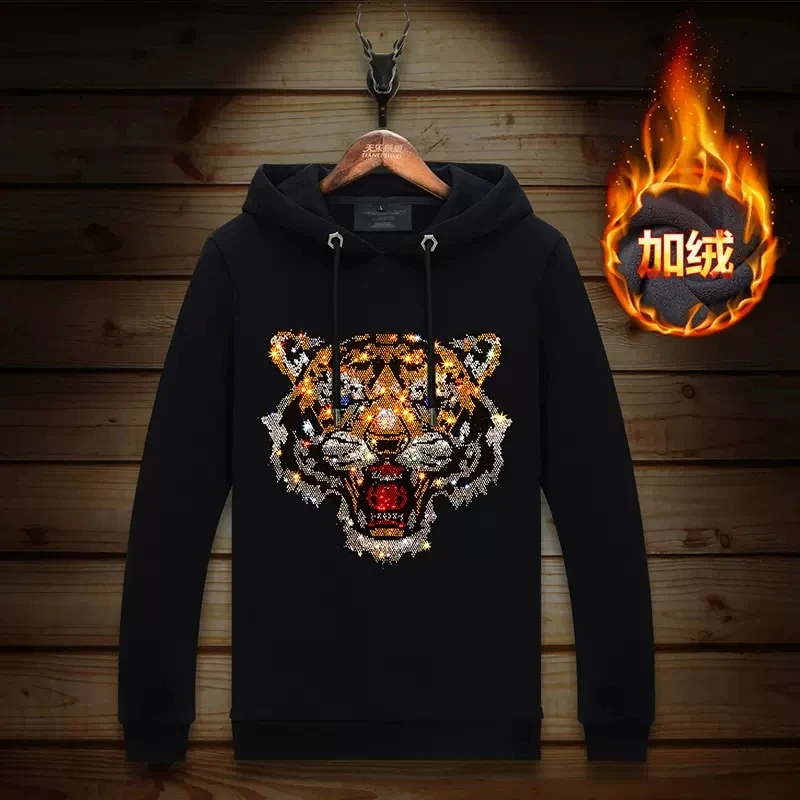 

2023 Animal Men Hoodies Sweatshirts Tiger Head Rhinestones Pullover Belt Thick Hooded Hoodie Mens Winter Clothes Sweat Homme