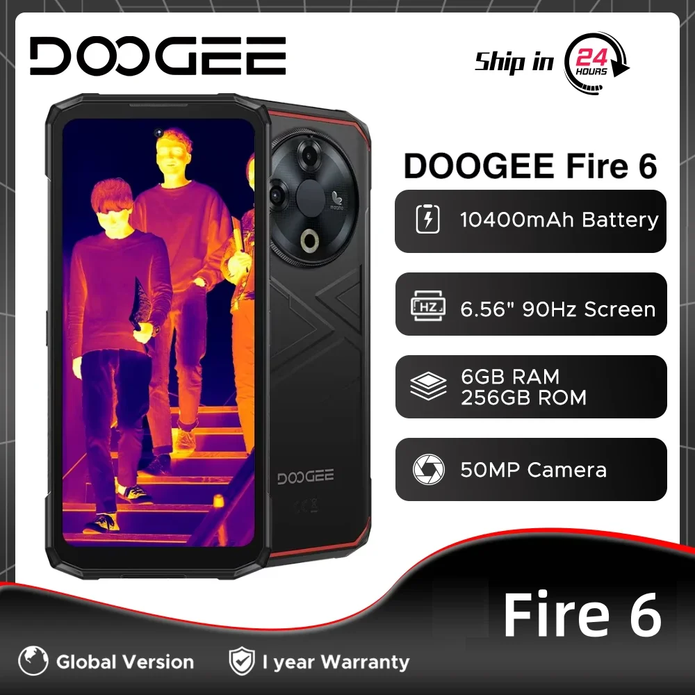 Versione globale DOOGEE Fire 6 Telefono robusto 16GB 256GB Imaging termico Display da 6,56" 90Hz Batteria da 10400mAh Unisoc T606 Android 14