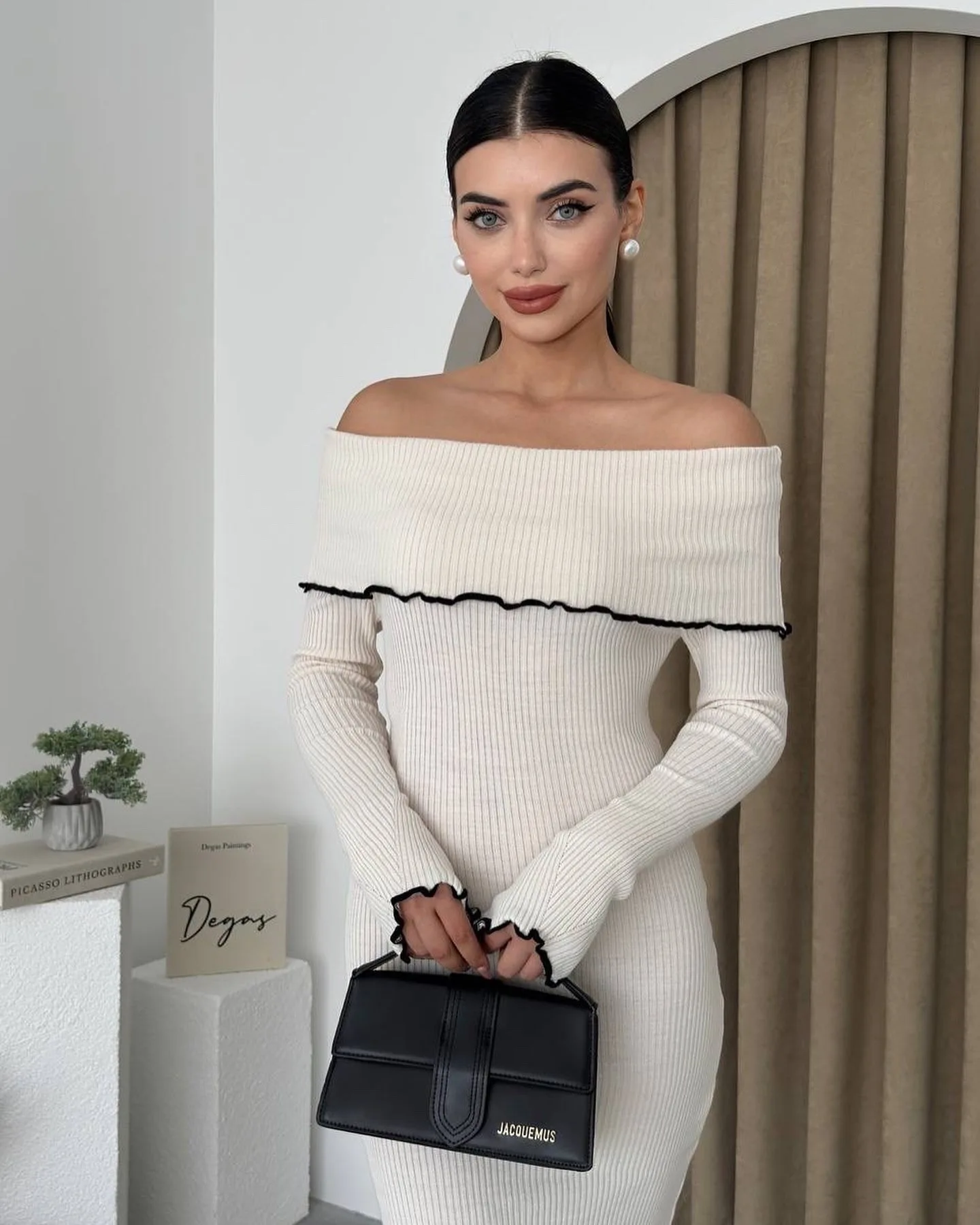 Ruffled Slim Knit Dress Women's Backless Long Sleeve Bandeau Contrast Autumn Party Dress Fashion Knitwear Maxi Dress